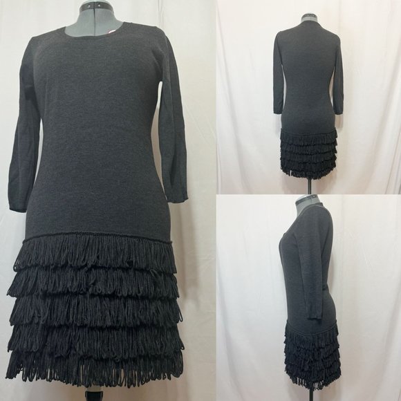 Calvin Klein Sz L Dark Heather Grey 3/4 Sleeves Crew Neck Fringe Sweater Dress - Picture 3 of 14